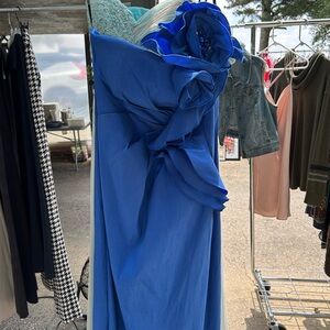 Chetta B Blue Asymmetrical Ruffled Strapless Gown